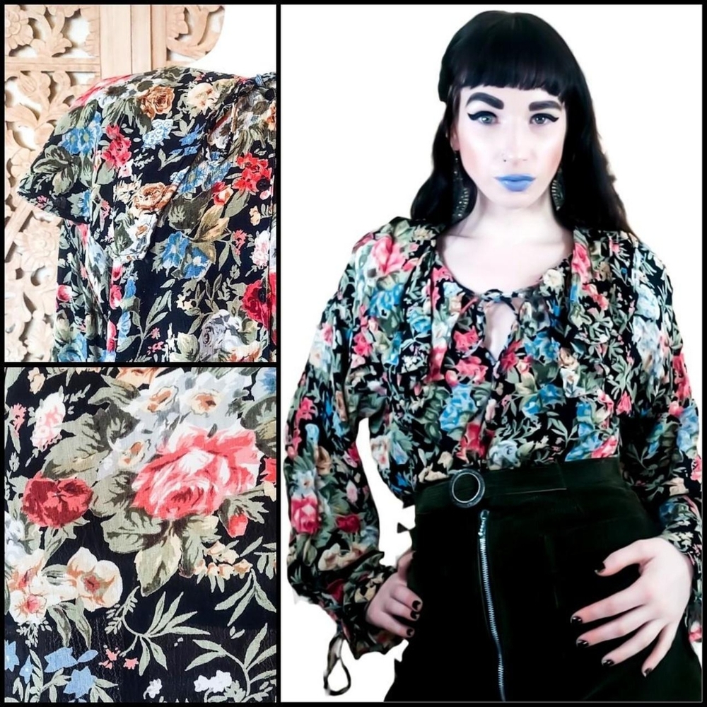 Vintage 1990s Ruffle Collar Bishop Sleeve Fairycore Garden Blouse